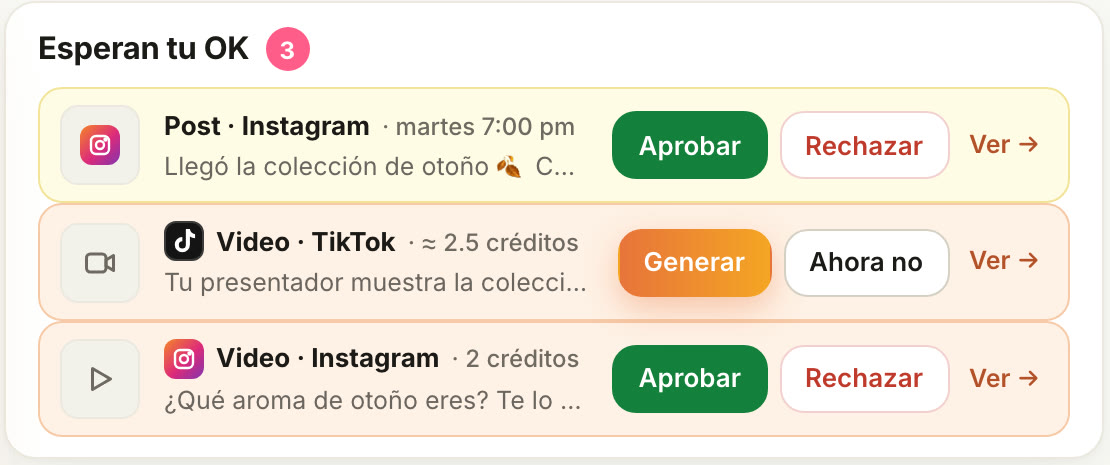 Piezas que esperan tu OK, con los botones Aprobar y Rechazar