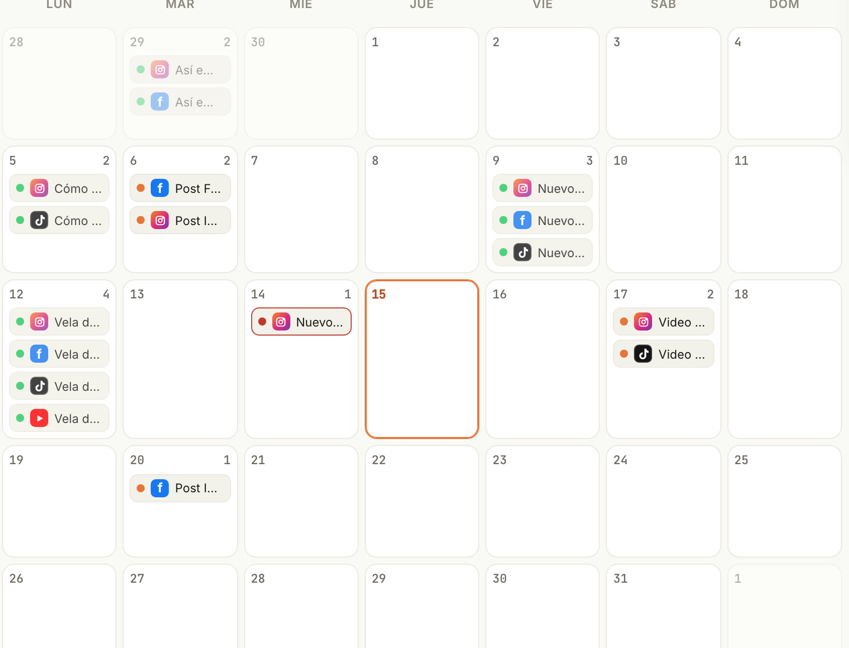Calendario del mes con las publicaciones programadas