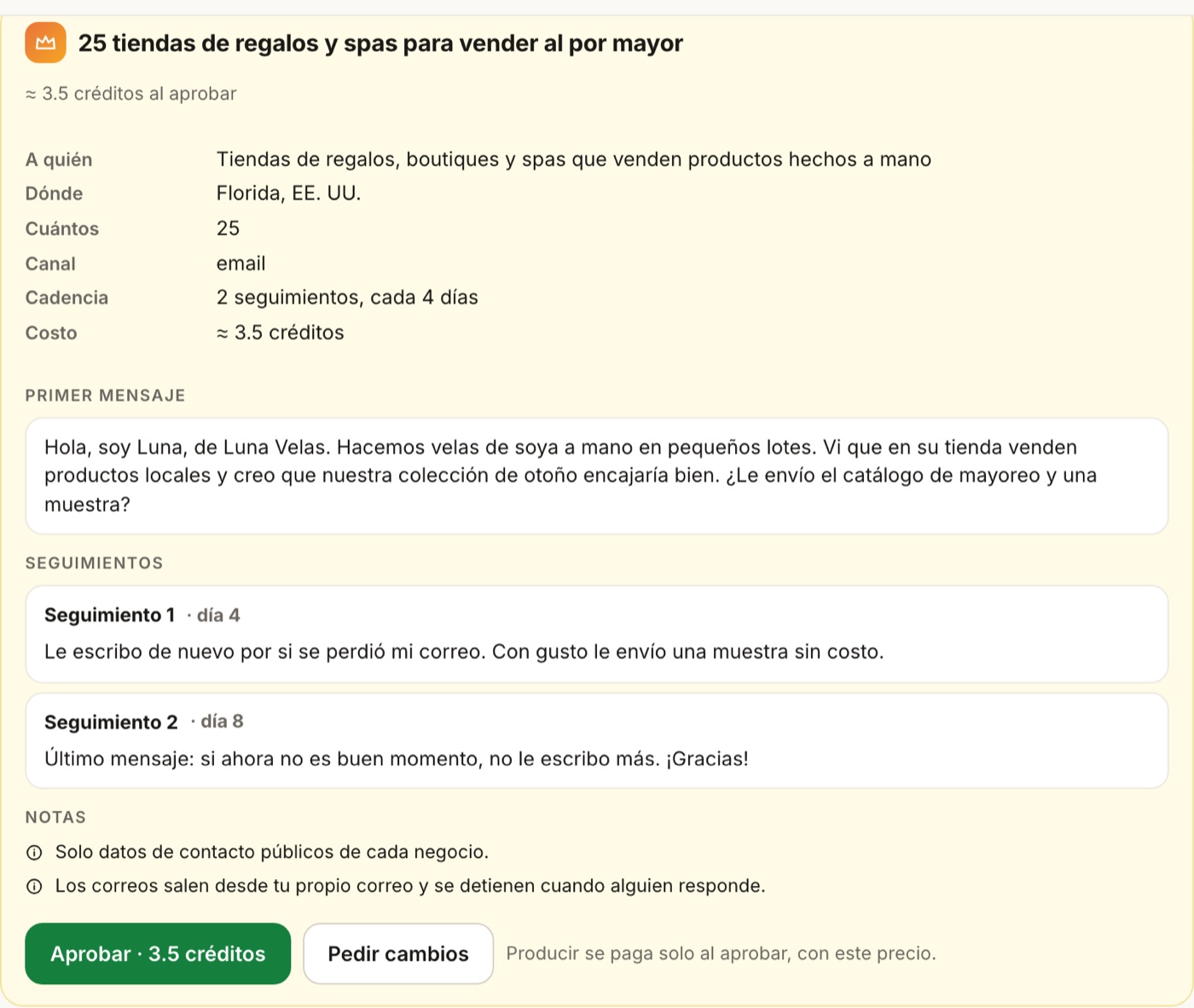 Propuesta de prospección en la consola: tiendas de regalos para vender al por mayor, con el primer correo y su precio